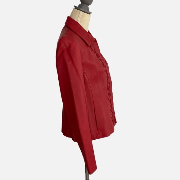 Jones New York Leather Jacket Embroidered Floral Size 8 Red Zip Lined Pockets - Picture 5 of 13